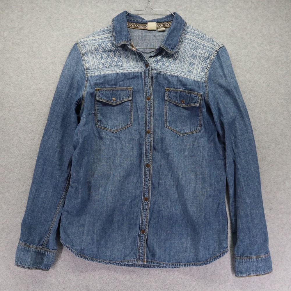 Roxy Shirt Top Womens Medium Denim Western Flap Pocket‎ Snap Blue Long Sleeve